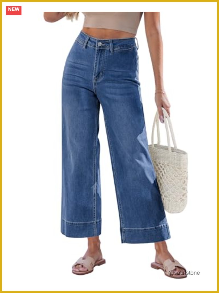Wide Leg Cropped Jeans High Rise Stretchy Denim Pants With Welt Pockets